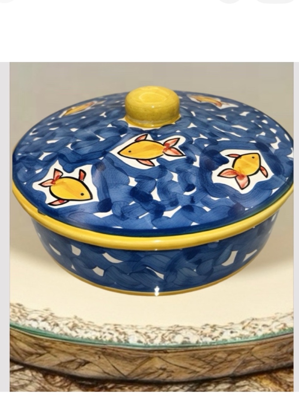 Vntg Donacer blue-&yellow HandPainted Ceramic Fish Lidded bowls Made in Portugal